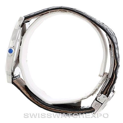 The image shows the side view of a Cartier Ronde W6700255 Men's Stainless Steel Silver Dial W6700255 Men's Stainless Steel Silver Dial watch, highlighting the crown, case, and leather strap.