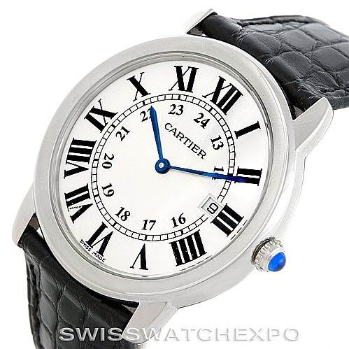 The image shows a close-up view of a Cartier Ronde W6700255 Men's Stainless Steel Silver Dial W6700255 Men's Stainless Steel Silver Dial model watch, emphasizing its face, bezel, and leather strap.