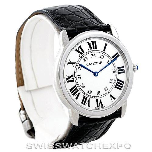 This image shows a Cartier Ronde W6700255 Men's Stainless Steel Silver Dial W6700255 Men's Stainless Steel Silver Dial watch from a front angle, displaying its dial, case, and leather strap.