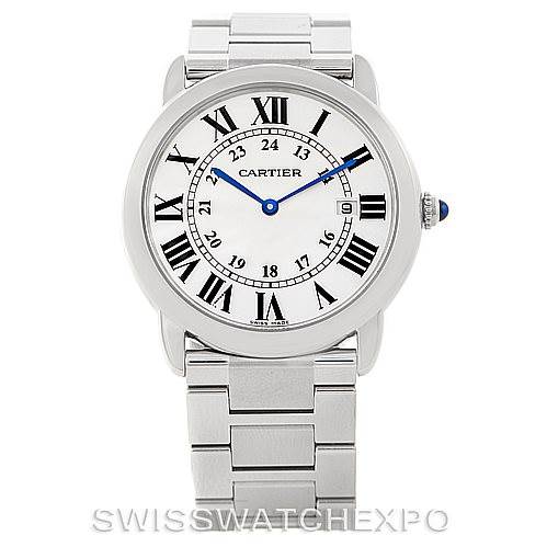 This image shows a Cartier Ronde W6701005 Men's Stainless Steel Silver Dial W6701005 Men's Stainless Steel Silver Dial watch face and metal bracelet from a front-facing angle.