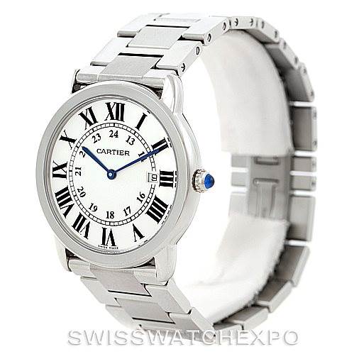 This image shows a front and side angle of the Cartier Ronde W6701005 Men's Stainless Steel Silver Dial W6701005 Men's Stainless Steel Silver Dial watch, highlighting its face and metal bracelet.