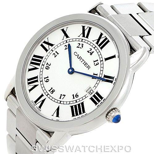 The image shows a Cartier Ronde W6701005 Men's Stainless Steel Silver Dial W6701005 Men's Stainless Steel Silver Dial watch from an angled view, highlighting its face, bracelet, and blue details on the crown.