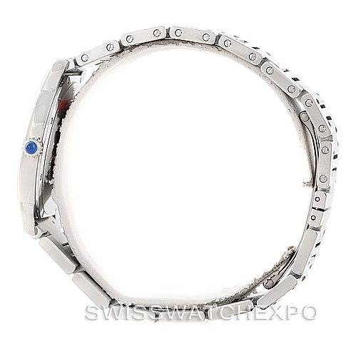 The side view of the Cartier Ronde W6701005 Men's Stainless Steel Silver Dial W6701005 Men's Stainless Steel Silver Dial watch highlights the case, crown with gemstone, and metal bracelet.