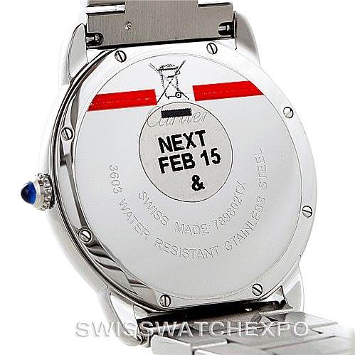 This image shows the back of a Cartier Ronde W6701005 Men's Stainless Steel Silver Dial W6701005 Men's Stainless Steel Silver Dial watch, highlighting its stainless steel case, water resistance markings, and a cabochon crown.