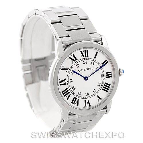 The image shows a Ronde model by Cartier from a front-left angle, displaying its bracelet, case, and dial.
