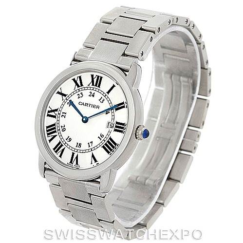 The image shows a Cartier Ronde W6701005 Men's Stainless Steel Silver Dial W6701005 Men's Stainless Steel Silver Dial watch at an angle displaying the dial, bezel, crown, and bracelet.