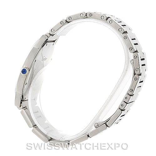 The Cartier Ronde W6701005 Men's Stainless Steel Silver Dial W6701005 Men's Stainless Steel Silver Dial watch is shown from a side profile highlighting the bracelet and crown.