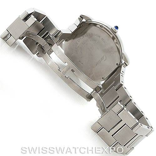 The image shows the stainless steel bracelet, clasp, and case back of a Cartier Ronde W6701005 Men's Stainless Steel Silver Dial W6701005 Men's Stainless Steel Silver Dial watch, viewed from the underside.