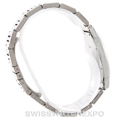 The image shows a side view of a Cartier Ronde W6701005 Men's Stainless Steel Silver Dial W6701005 Men's Stainless Steel Silver Dial model wristwatch, featuring its bracelet and clasp.