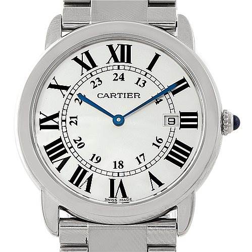 The image shows the front face and bracelet of the Cartier Ronde W6701005 Men's Stainless Steel Silver Dial W6701005 Men's Stainless Steel Silver Dial watch, displaying its dial with Roman numerals and blue hands.