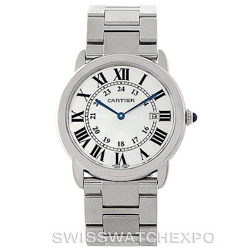 The image shows a front view of the Cartier Ronde W6701005 Men's Stainless Steel Silver Dial W6701005 Men's Stainless Steel Silver Dial watch, featuring its face, bezel, bracelet, and crown.