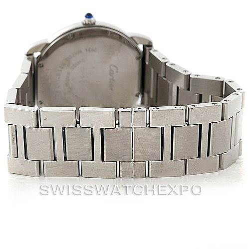 The image shows the back view of the Cartier Ronde W6701005 Men's Stainless Steel Silver Dial W6701005 Men's Stainless Steel Silver Dial watch with focus on its metal bracelet.