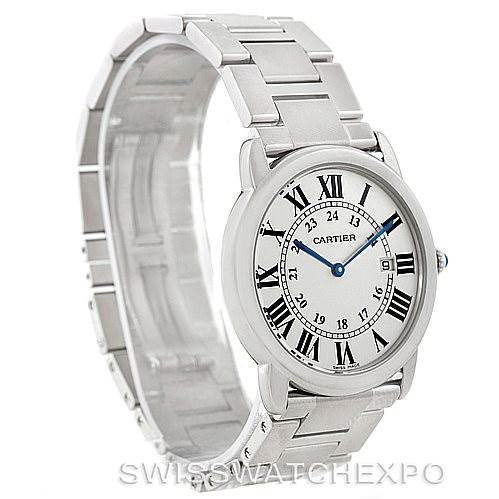 The image shows a Cartier Ronde W6701005 Men's Stainless Steel Silver Dial W6701005 Men's Stainless Steel Silver Dial model watch at a three-quarter angle, highlighting its silver bracelet, white dial, and blue hands.