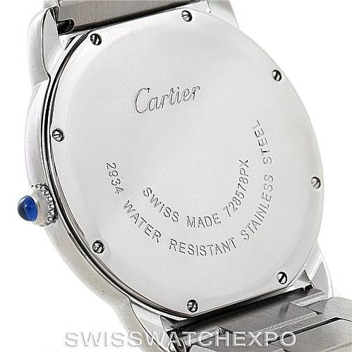 The image shows the back case and attached strap of a Cartier Ronde W6701005 Men's Stainless Steel Silver Dial W6701005 Men's Stainless Steel Silver Dial watch.