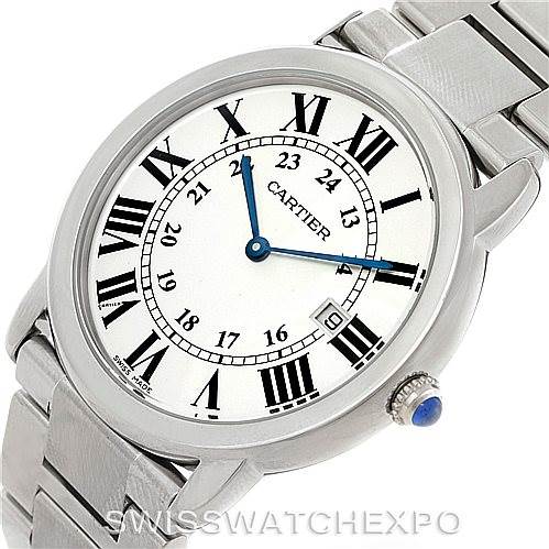 The Cartier Ronde W6701005 Men's Stainless Steel Silver Dial W6701005 Men's Stainless Steel Silver Dial watch is shown from a slightly tilted top-down angle, displaying the dial, bracelet, crown, and date window.
