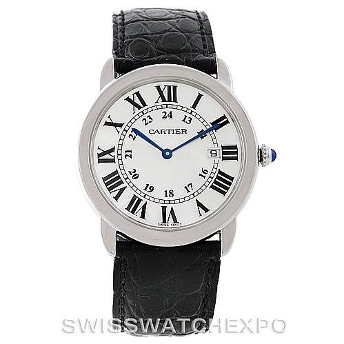 This image shows a front view of the Cartier Ronde W6700255 Men's Stainless Steel Silver Dial W6700255 Men's Stainless Steel Silver Dial model watch, featuring its face, Roman numerals, and black leather strap.