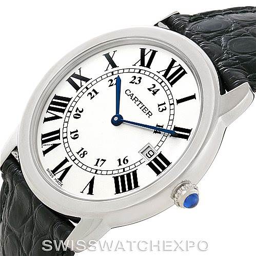 The image shows a close-up angled view of the Cartier Ronde W6700255 Men's Stainless Steel Silver Dial W6700255 Men's Stainless Steel Silver Dial watch, highlighting its dial, Roman numerals, and crown.