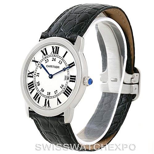 The image shows a Cartier Ronde W6700255 Men's Stainless Steel Silver Dial W6700255 Men's Stainless Steel Silver Dial watch at a three-quarter angle, displaying its face, strap, and clasp.