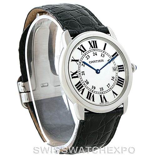 The image shows a Cartier Ronde W6700255 Men's Stainless Steel Silver Dial W6700255 Men's Stainless Steel Silver Dial watch at a slight angle, highlighting the face with Roman numerals and the black leather strap.