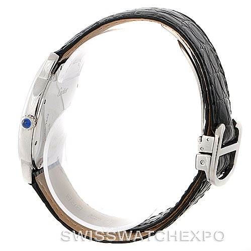 The image shows a side view of the Cartier Ronde W6700255 Men's Stainless Steel Silver Dial W6700255 Men's Stainless Steel Silver Dial watch, highlighting the case, crown, and leather strap with its buckle.