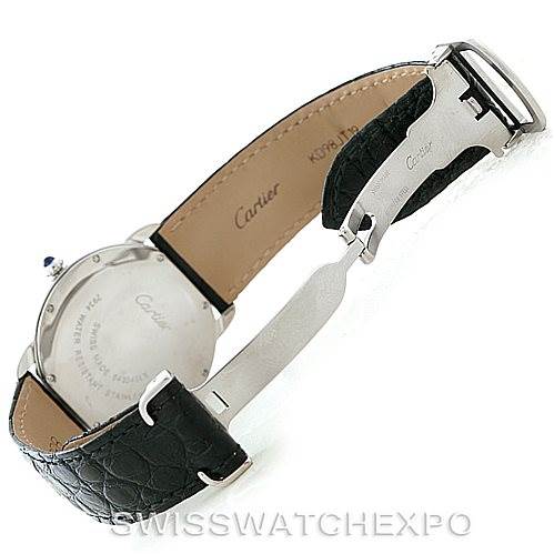 This image shows the back and clasp of a Cartier Ronde W6700255 Men's Stainless Steel Silver Dial W6700255 Men's Stainless Steel Silver Dial watch, displaying the black leather strap and stainless steel buckle.