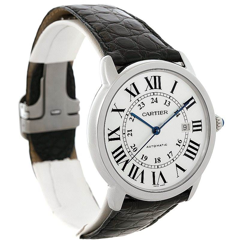 The image shows a Cartier Ronde W6701010 Men's Stainless Steel Silver Dial W6701010 Men's Stainless Steel Silver Dial model watch at a 3/4 angle, displaying its face, strap, clasp, and crown.