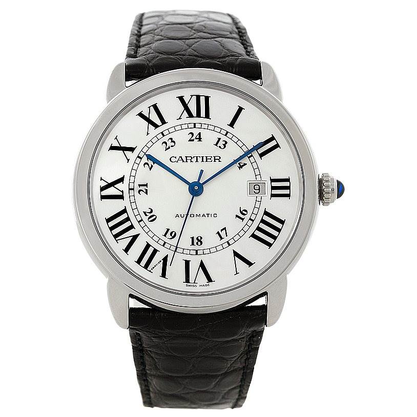 The image shows a front view of the Cartier Ronde W6701010 Men's Stainless Steel Silver Dial W6701010 Men's Stainless Steel Silver Dial model watch, displaying its face, bezel, crown, and black leather strap.