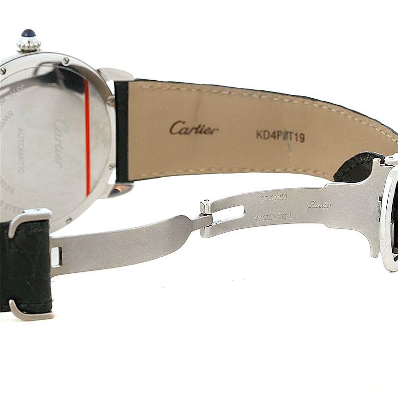 This image shows the back view of the Ronde model by Cartier, highlighting the leather strap and clasp mechanism.