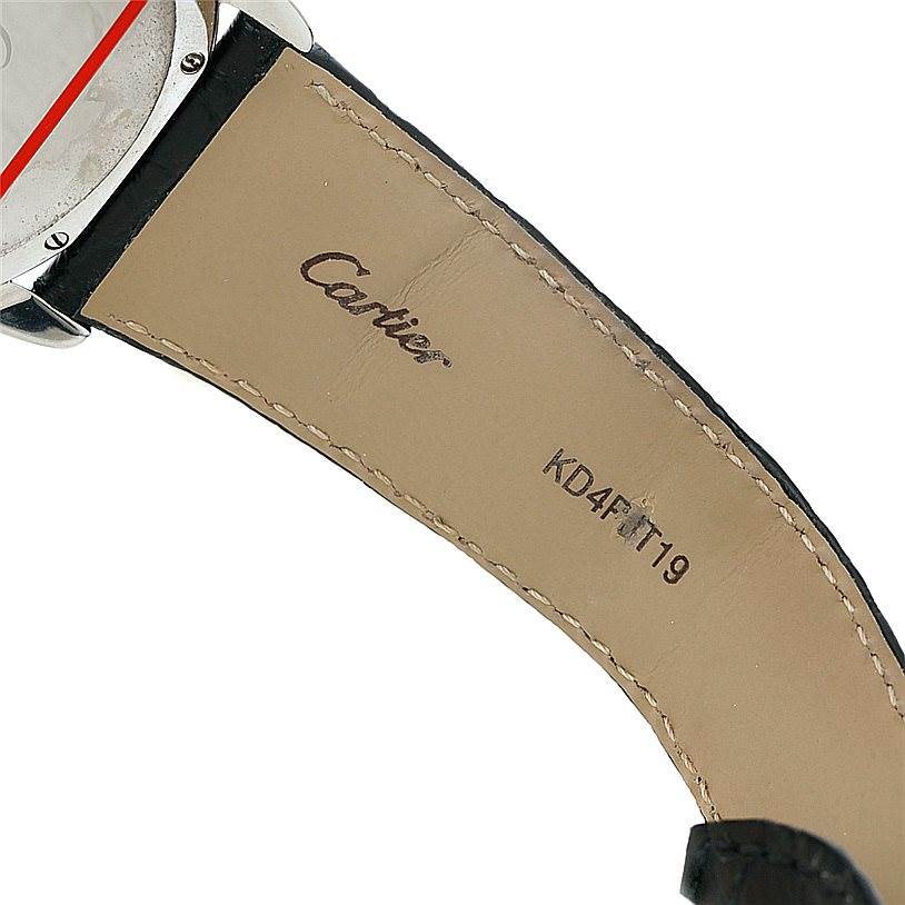 The image shows the underside of the leather strap of a Cartier Ronde W6701010 Men's Stainless Steel Silver Dial W6701010 Men's Stainless Steel Silver Dial watch, displaying the brand name and model code.