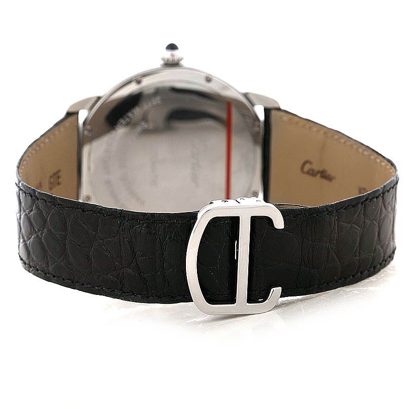 The image shows the back view of a Cartier Ronde W6701010 Men's Stainless Steel Silver Dial W6701010 Men's Stainless Steel Silver Dial watch, highlighting the back case, leather strap, and buckle.