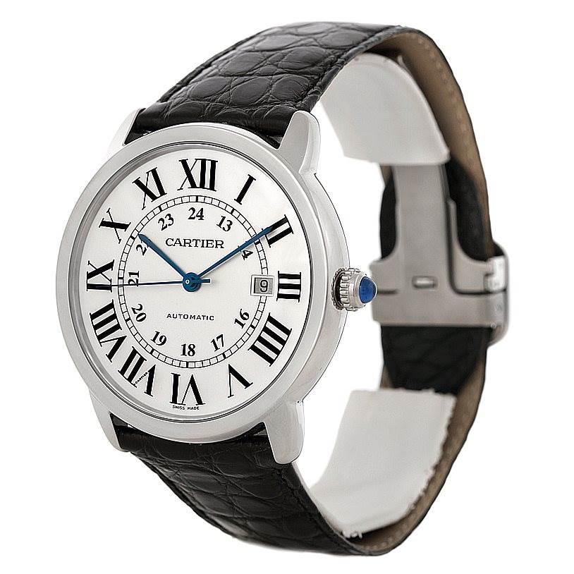 The Cartier Ronde W6701010 Men's Stainless Steel Silver Dial W6701010 Men's Stainless Steel Silver Dial watch is shown at a three-quarter angle, displaying its face, black leather strap, and metallic clasp.