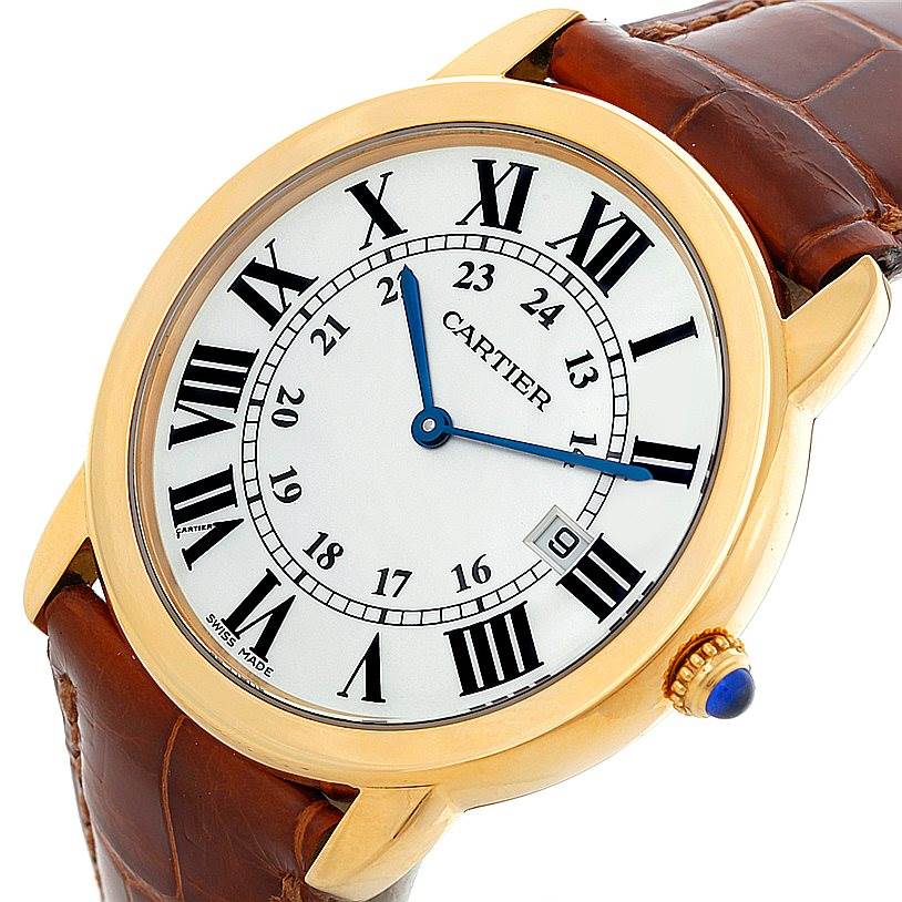 The image shows a Cartier Ronde W6700455 Men's Steel and Gold (two tone) Silver Dial W6700455 Men's Steel and Gold (two tone) Silver Dial model watch at a slight angle, displaying its face, crown, and part of the leather strap.