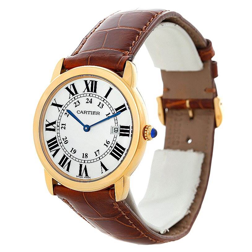 The Cartier Ronde W6700455 Men's Steel and Gold (two tone) Silver Dial W6700455 Men's Steel and Gold (two tone) Silver Dial watch is shown at an angle displaying its face, strap, and crown.