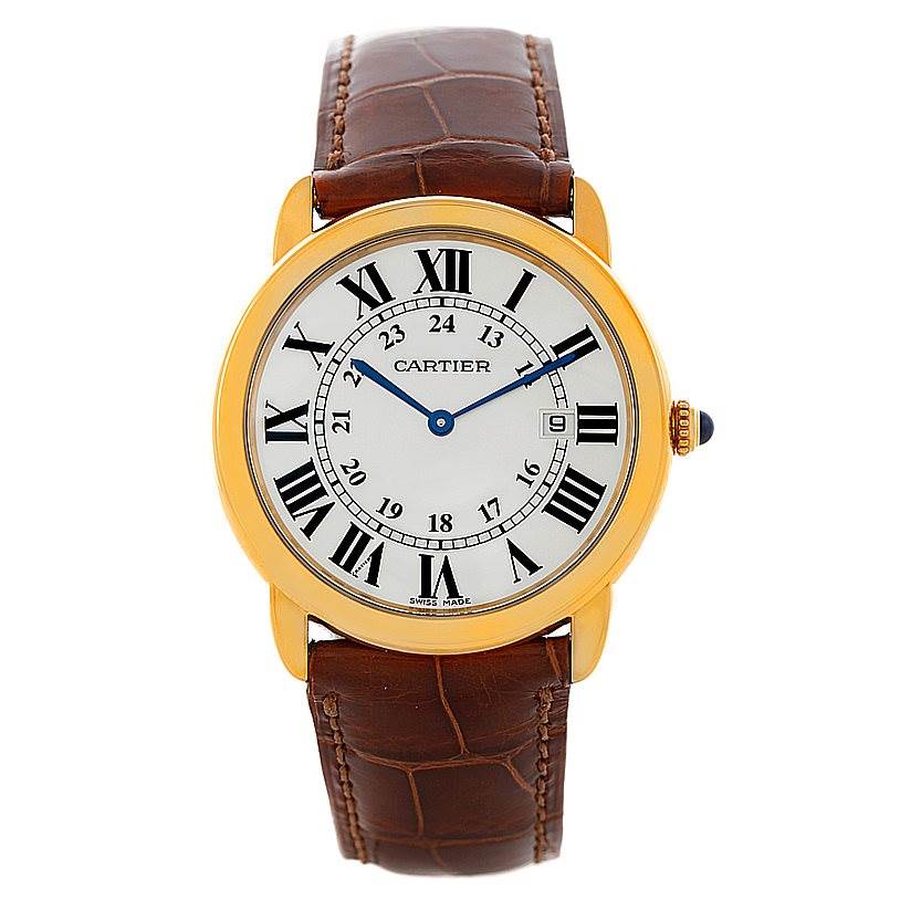The image shows a front view of a Cartier Ronde W6700455 Men's Steel and Gold (two tone) Silver Dial W6700455 Men's Steel and Gold (two tone) Silver Dial watch, featuring a gold case, Roman numerals, and a brown leather strap.
