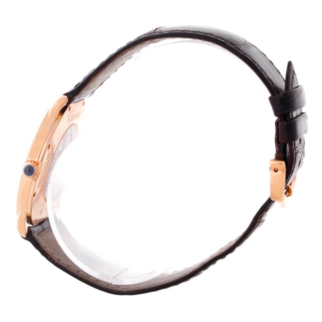 The image shows a side view of the Cartier Ronde W6800251 Men
s Rose Gold Silver Dial W6800251 Men
s Rose Gold Silver Dial watch, highlighting the case, bezel, crown, and leather strap.