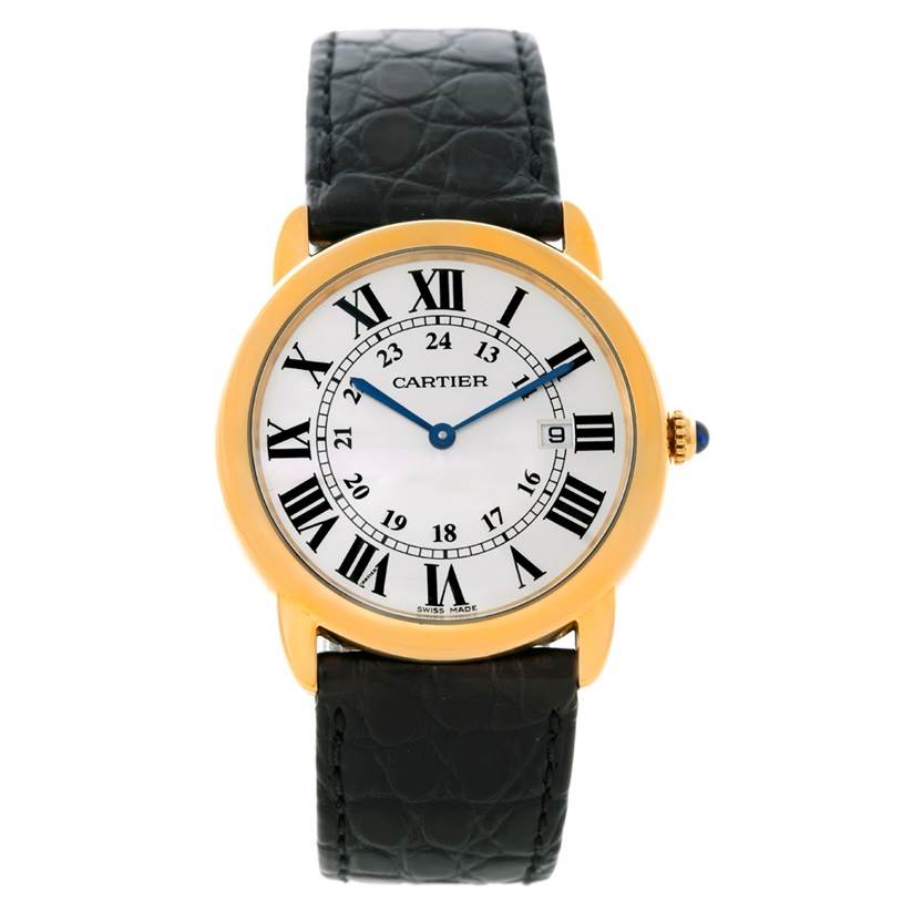 This image shows a Cartier Ronde W6700455 Men
s Steel and Gold (two tone) Silver Dial W6700455 Men
s Steel and Gold (two tone) Silver Dial model watch from a front angle, displaying the entire dial, case, and black leather strap.