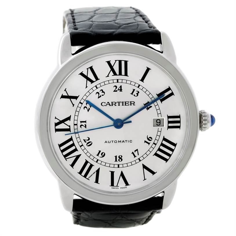 The image shows a Cartier Ronde W6701010 Men
s Stainless Steel Silver Dial W6701010 Men
s Stainless Steel Silver Dial model watch from a front angle, highlighting the dial, hands, and leather strap.
