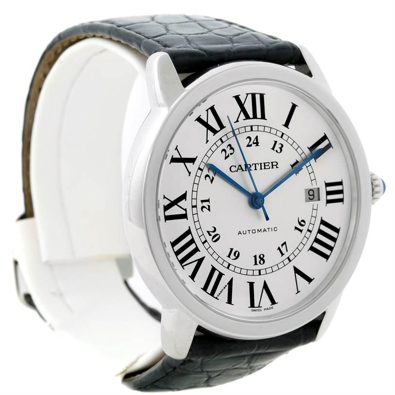 The Cartier Ronde W6701010 Men
s Stainless Steel Silver Dial W6701010 Men
s Stainless Steel Silver Dial watch is shown at an angled view, displaying the face, leather strap, and side crown.
