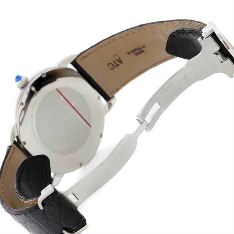 This image shows the back view of a Ronde model by Cartier, highlighting the leather strap and clasp.