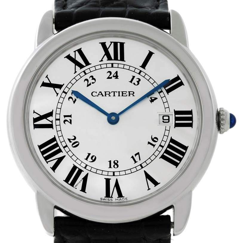 The image shows the front view of a Cartier Ronde W6700255 Men's Stainless Steel Silver Dial W6700255 Men's Stainless Steel Silver Dial watch, displaying the dial with Roman numerals and blue hands.