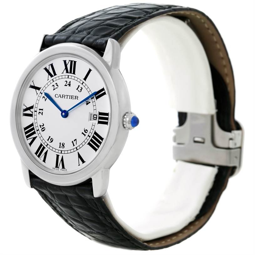 This image shows a Ronde model by Cartier from a side angle highlighting the face, leather strap, and clasp.