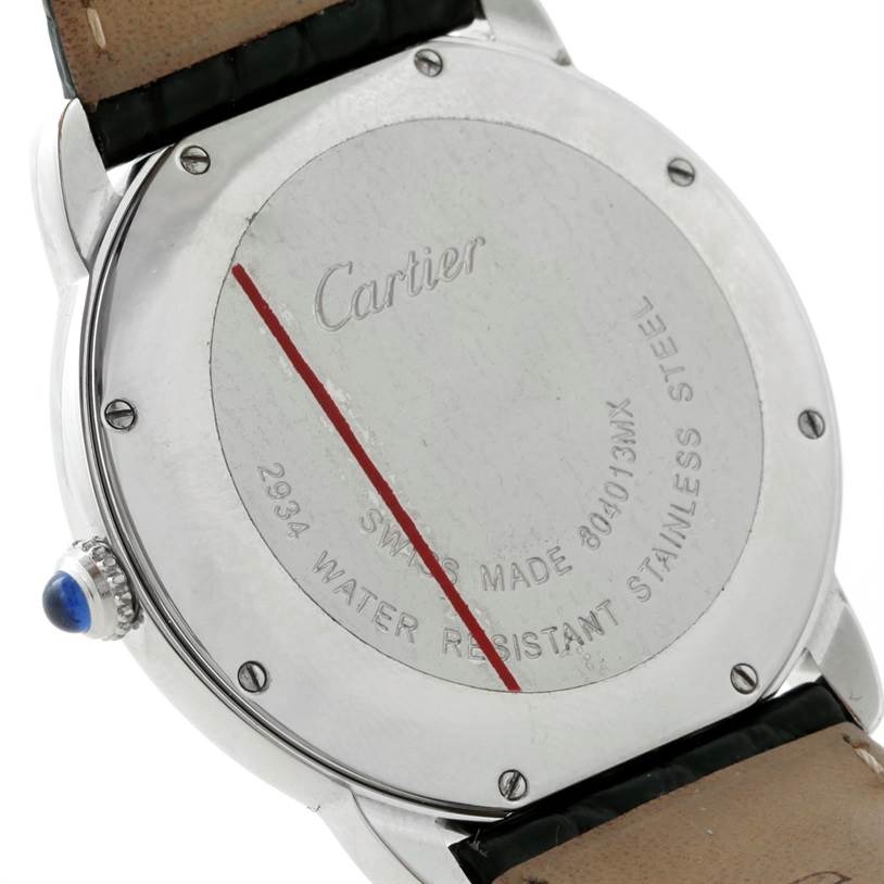 The image shows the back case of a Cartier Ronde W6700255 Men's Stainless Steel Silver Dial W6700255 Men's Stainless Steel Silver Dial watch, highlighting the brand engraving and water resistance details.