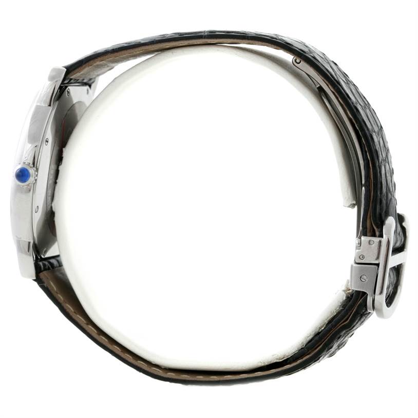 This image shows a side profile of the Cartier Ronde W6700255 Men's Stainless Steel Silver Dial W6700255 Men's Stainless Steel Silver Dial model watch, highlighting the crown and leather strap.