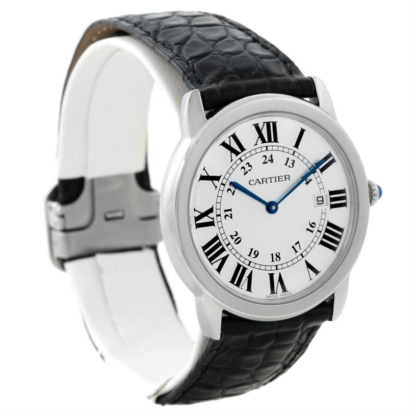 The image shows a side front view of the Cartier Ronde W6700255 Men's Stainless Steel Silver Dial W6700255 Men's Stainless Steel Silver Dial watch featuring a black leather strap, silver case, and white Roman numeral dial.