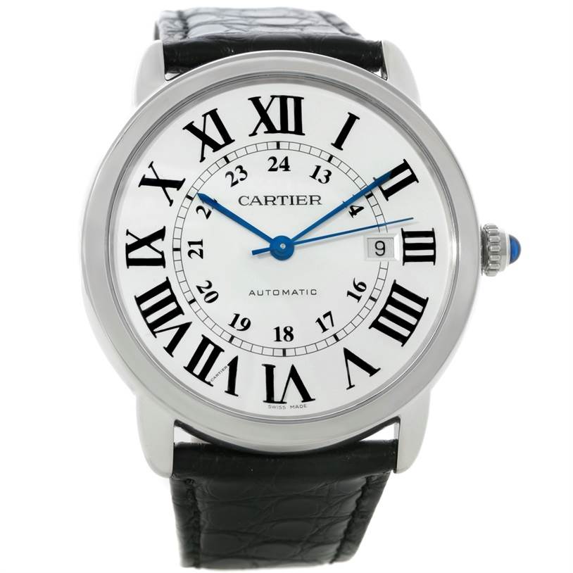 The image shows a front view of the Cartier Ronde W6701010 Men's Stainless Steel Silver Dial W6701010 Men's Stainless Steel Silver Dial watch, displaying its white dial, Roman numerals, blue hands, and black leather strap.