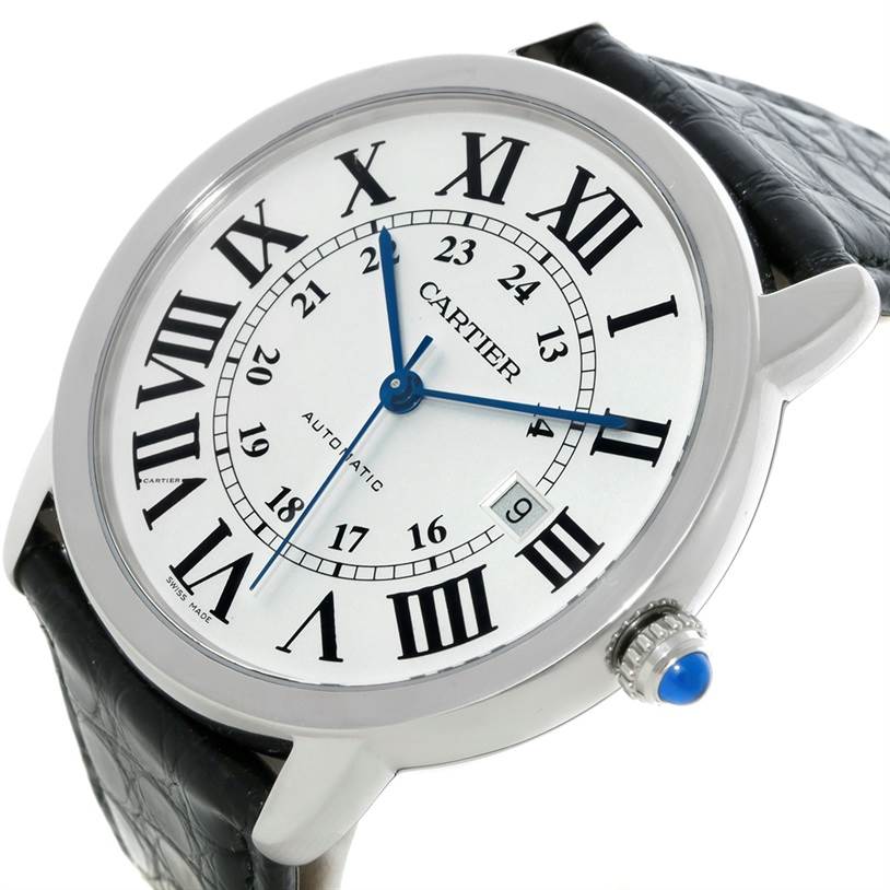 The Cartier Ronde W6701010 Men's Stainless Steel Silver Dial W6701010 Men's Stainless Steel Silver Dial watch is shown at a slight angle, displaying the dial, Roman numerals, date window, and part of the strap.