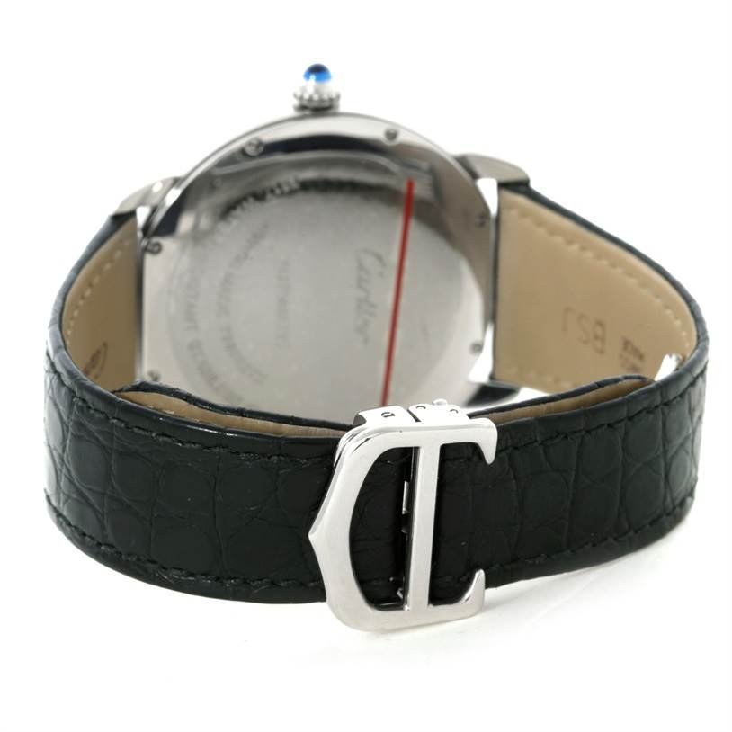 The Cartier Ronde W6701010 Men's Stainless Steel Silver Dial W6701010 Men's Stainless Steel Silver Dial watch is displayed from the back, highlighting the clasp, leather strap, and case back details.