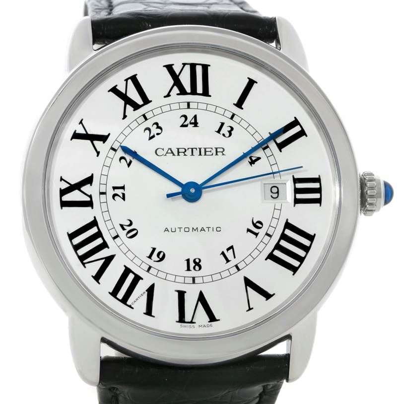 This image shows the front face of a Cartier Ronde W6701010 Men's Stainless Steel Silver Dial W6701010 Men's Stainless Steel Silver Dial watch, featuring Roman numerals, a date window, and a leather strap.