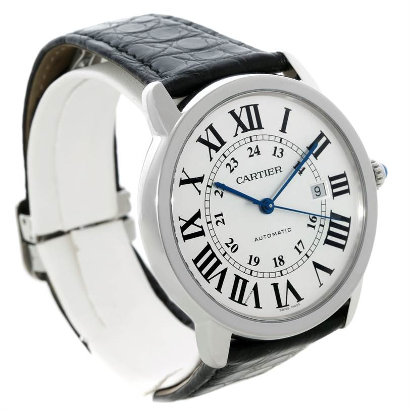 This image shows a Cartier Ronde W6701010 Men's Stainless Steel Silver Dial W6701010 Men's Stainless Steel Silver Dial model watch at a slight left-side angle, displaying its face, strap, and crown.