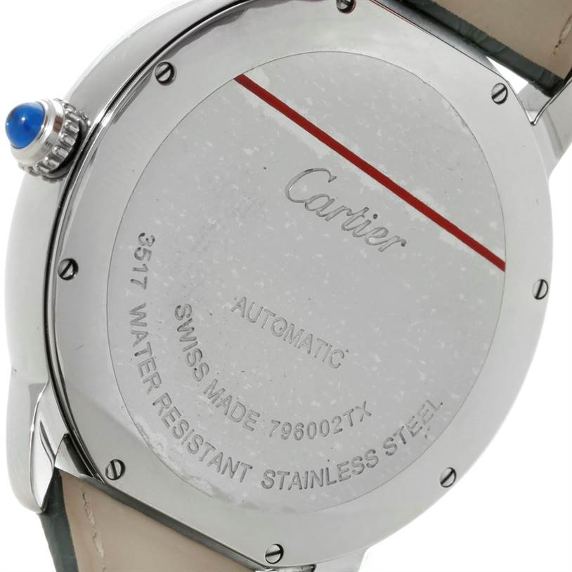 The image shows the back of a Cartier Ronde W6701010 Men's Stainless Steel Silver Dial W6701010 Men's Stainless Steel Silver Dial watch, highlighting the case back and crown.